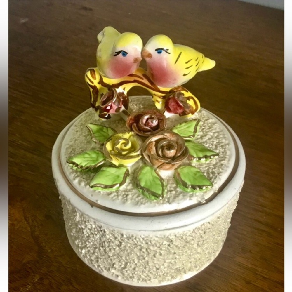 Vintage Ceramic Trinket Box with Love Birds and Flowers